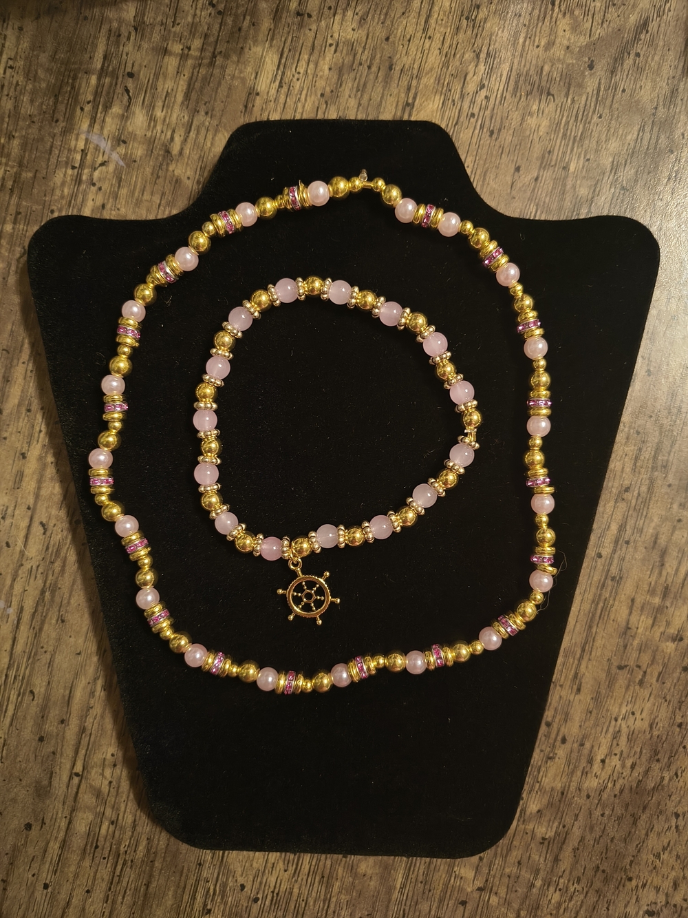 Gold & Pink Beaded Necklace and Bracelet Set with Nautical Charm